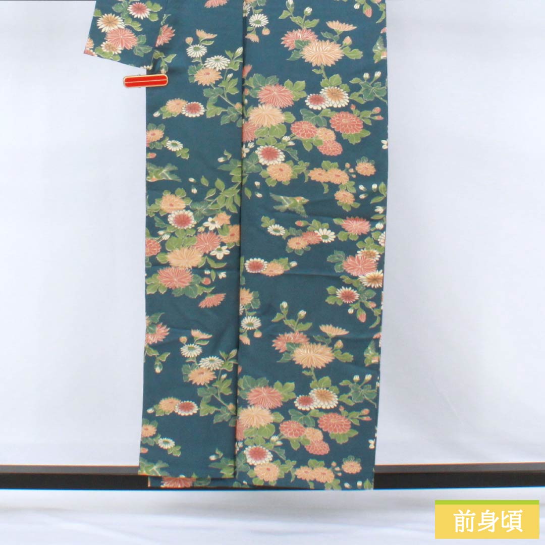 Polyester Komon, Rank A, Length 155.5cm, Sleeve-to-sleeve 62cm, Unlined, Ura-iro color, Katazome, Chrysanthemum, Bird, Washable Kimono, Blue, 1115007893317