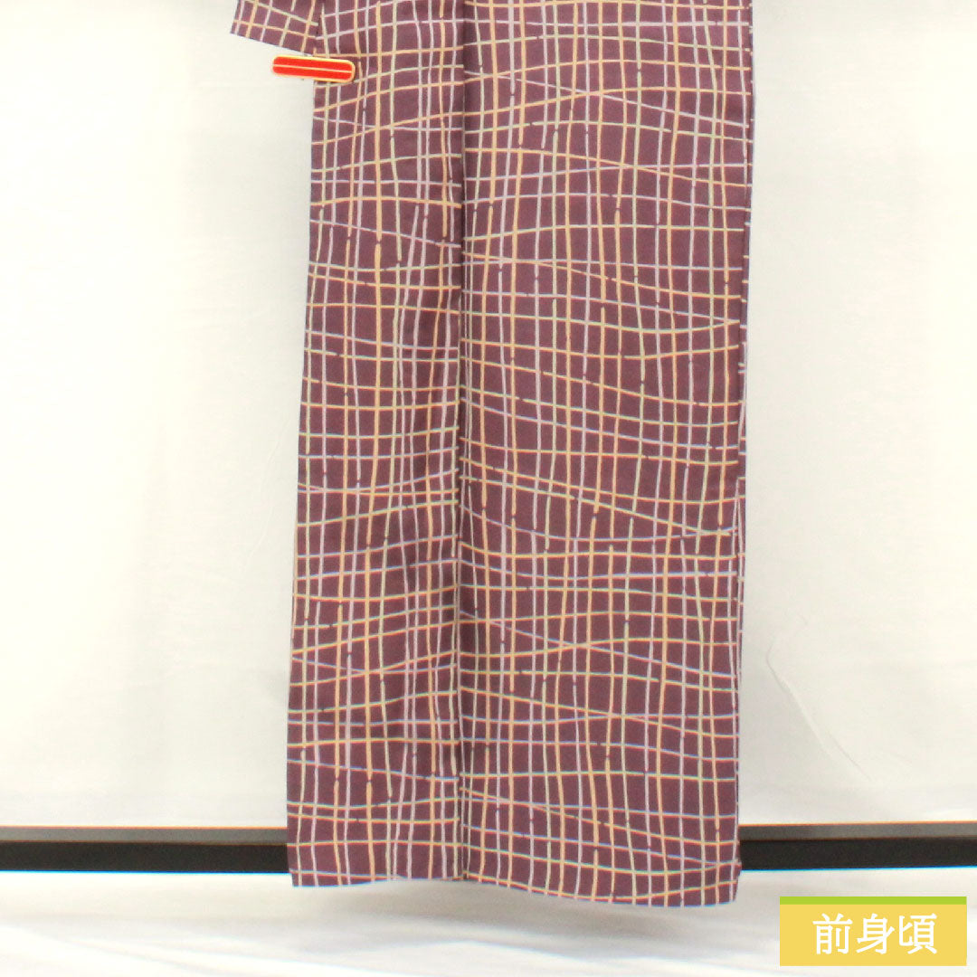 小紋 ポリエステル 身丈159cm 裄丈66cm 単衣 古代紫色（こだいむらさきいろ） 洗える着物 格子 Aランク 紫系 1115004863320