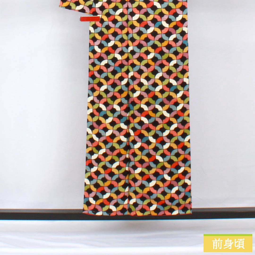 小紋 正絹 身丈154.5cm 裄丈62cm 袷 幾何学模様 しつけ糸付き Sランク 黒系 1115005652210
