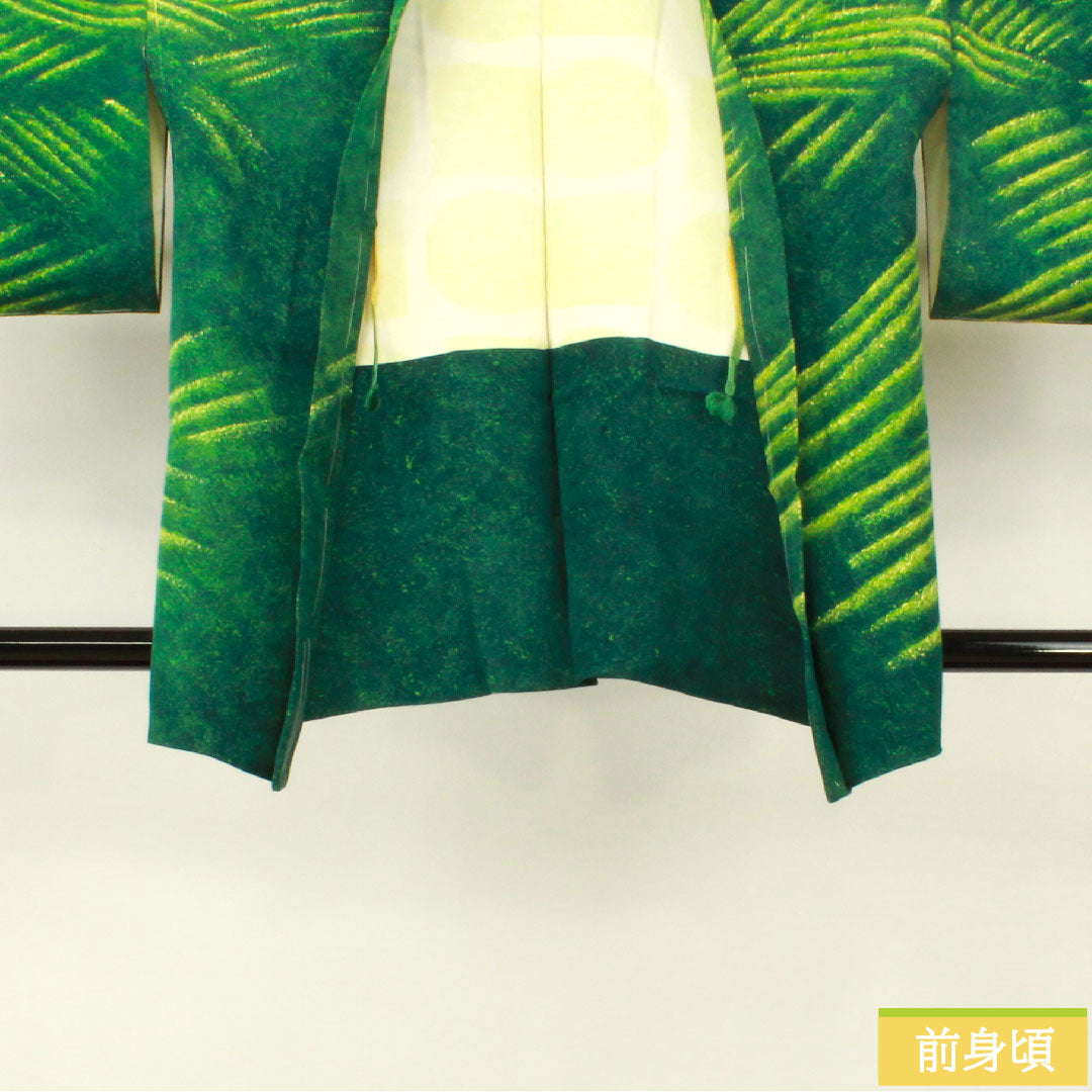 Haori (Japanese traditional coat) made of pure silk, length 83.5cm, sleeve length 67cm, iridescent color, wax-resist dyeing, abstract pattern, with basting thread, S rank, lined, green, 1117001042919