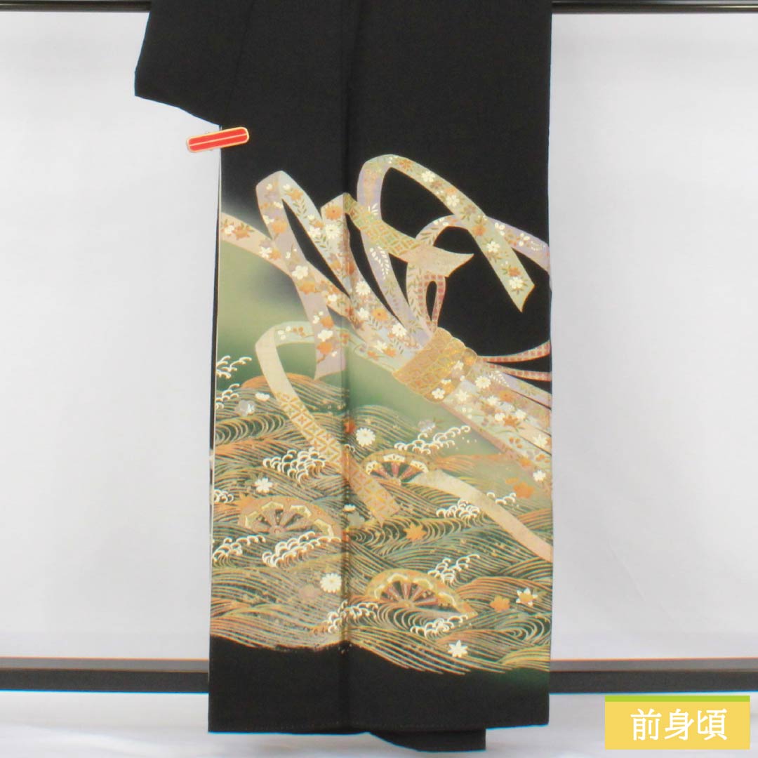 Black Tomesode (Tomesode) - Pure Silk, Grade A, Length 158.5cm, Sleeve Length 64cm, Lined, Gold-colored, Five Crests, Wisteria Design, Bundled Noshi, Five Crests, Black, Item Number 1111002043310