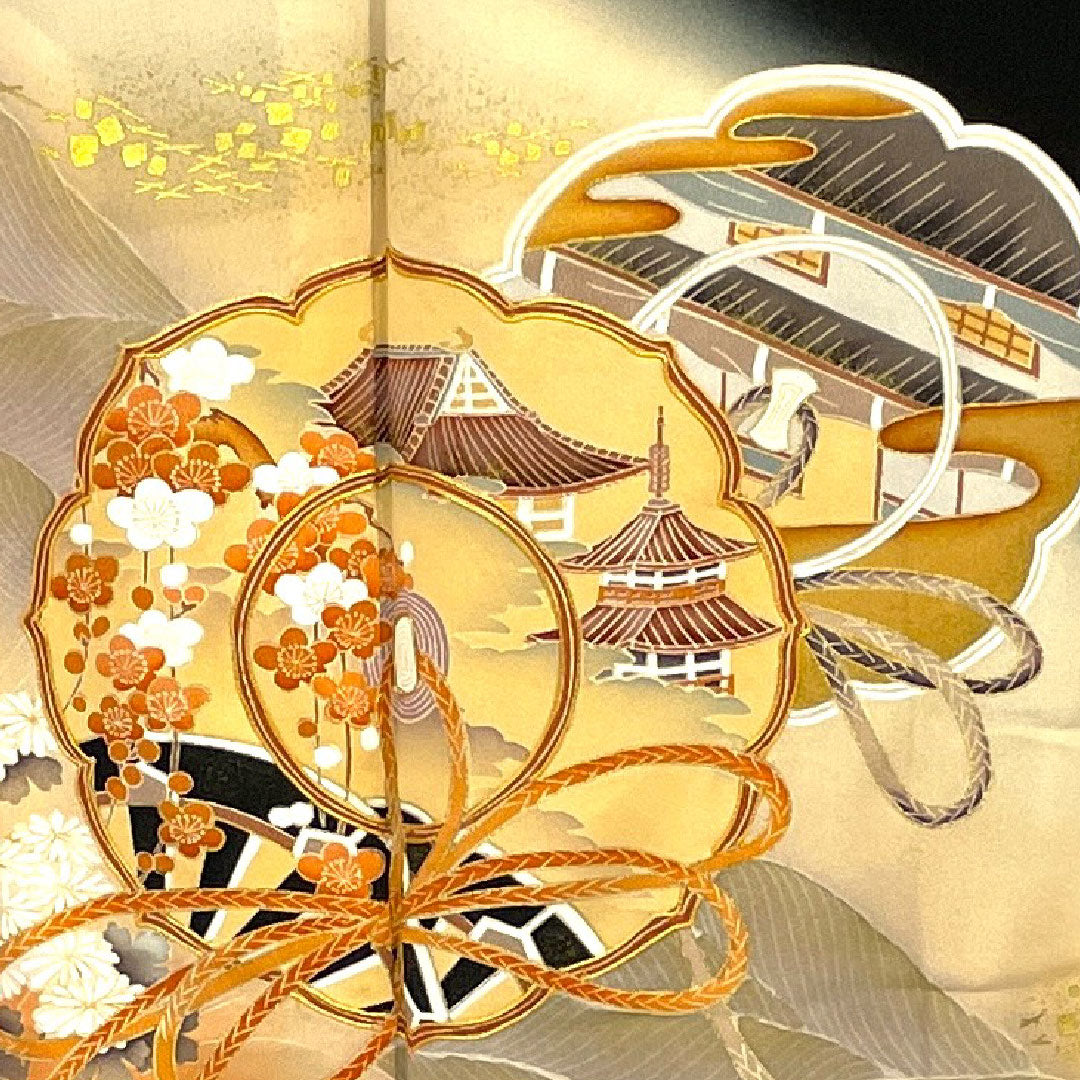 黒留袖 身丈161cm 裄丈64cm 袷 京友禅 吉祥文様 丸に橘 正絹 Aランク 五つ紋 黒系 1111000373410