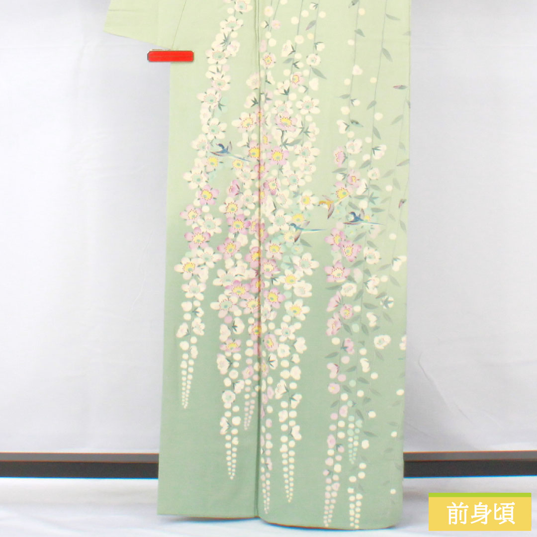 訪問着 正絹 袷 身丈165cm 裄丈63.5cm 白緑色（びゃくろくいろ） 加賀友禅 作家物 一つ紋 中陰五瓜 Aランク 緑系 1112005713519