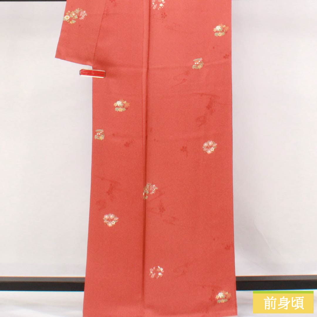 小紋 正絹 身丈163.5cm 裄丈66.5cm 袷 紅唐色（べにとういろ） 型染 花輪 Sランク 朱系 1115006072416