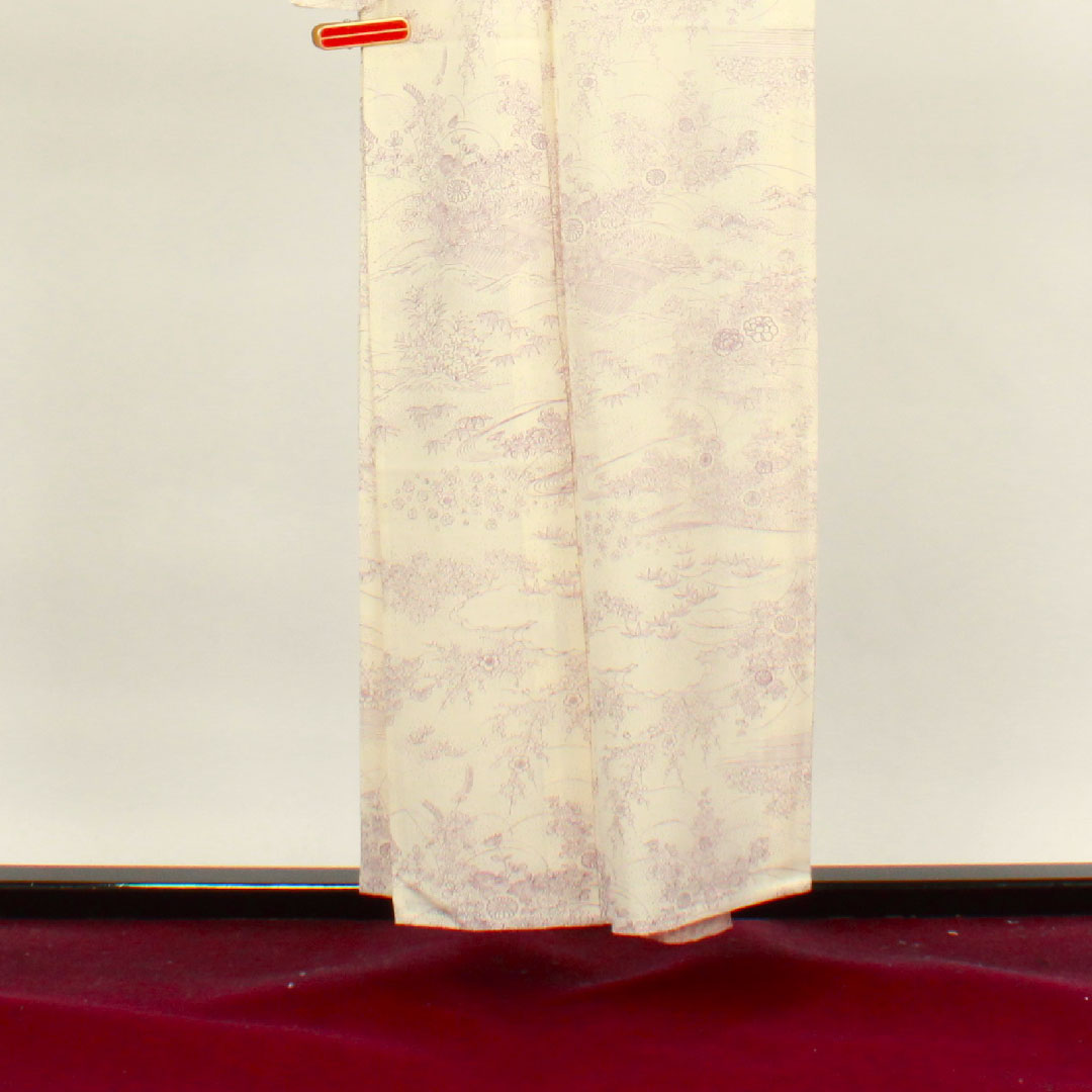 夏物 正絹 小紋 身丈154.5cm 裄丈63.5cm 乳白色（にゅうはくしょく） 松竹梅 菊 流水 絽 Sランク 白系 1132000642211