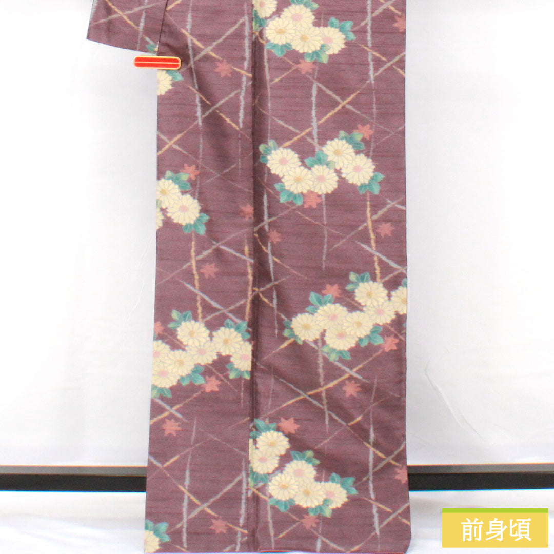 小紋 ポリエステル 身丈167.5cm 裄丈67cm 袷 滅紫色（けしむらさきいろ） 洗える着物 菊 Sランク 紫系 1115004592520