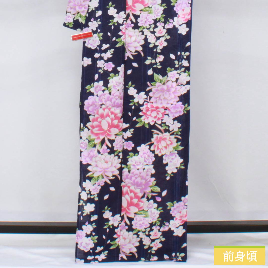 浴衣 木綿 身丈166.5cm 裄丈60cm Sランク 単衣 紺系 緋紺色（ひこんいろ） ダリア ラメ 1118006192518