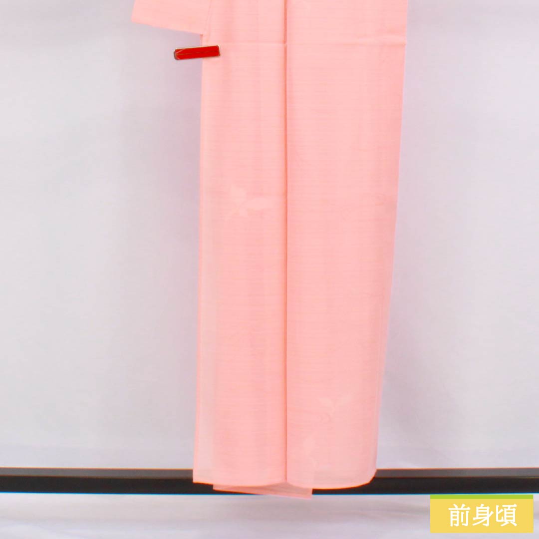 正絹　夏物　小紋　絽　草花文　身丈153.5　裄63.5 リサイクル着物】夏物 正絹 小紋 身丈154cm 裄丈63cm 淡紅赤色