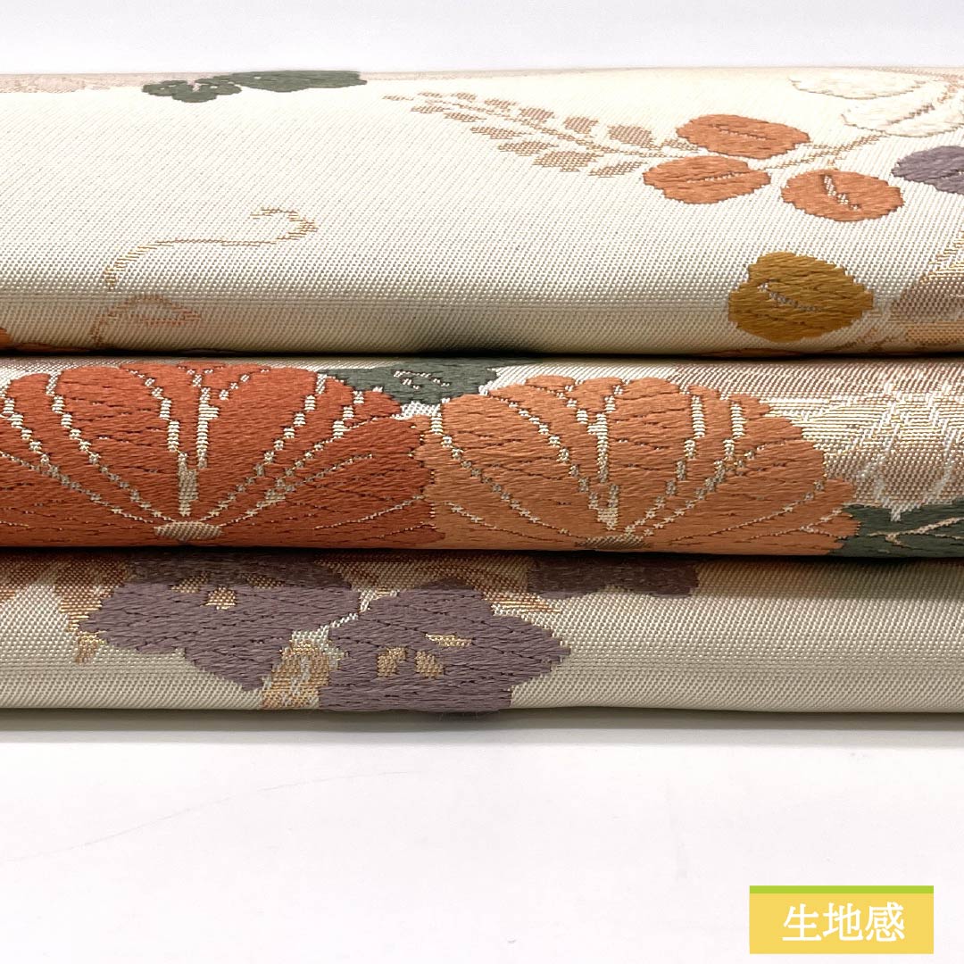 Nagoya Obi, Off-White (Kinari-iro), Fan Pattern, Chrysanthemum, and Camellia Design, 351cm Long, Pure Silk, Grade B, Six-Ply, Semi-Formal, Cream-Tone, Item Number: 1124008924315, Nagoya Style