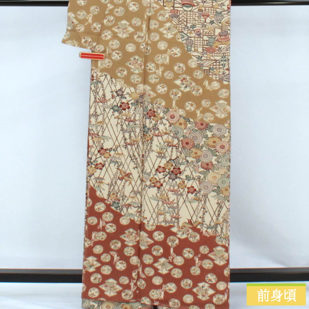 訪問着 正絹 Aランク 袷 身丈164cm 裄丈68cm 胡桃色（くるみいろ） 京紅型 吉祥文様 割付文様 古典柄 しつけ糸付き ベージュ系 1112006713425