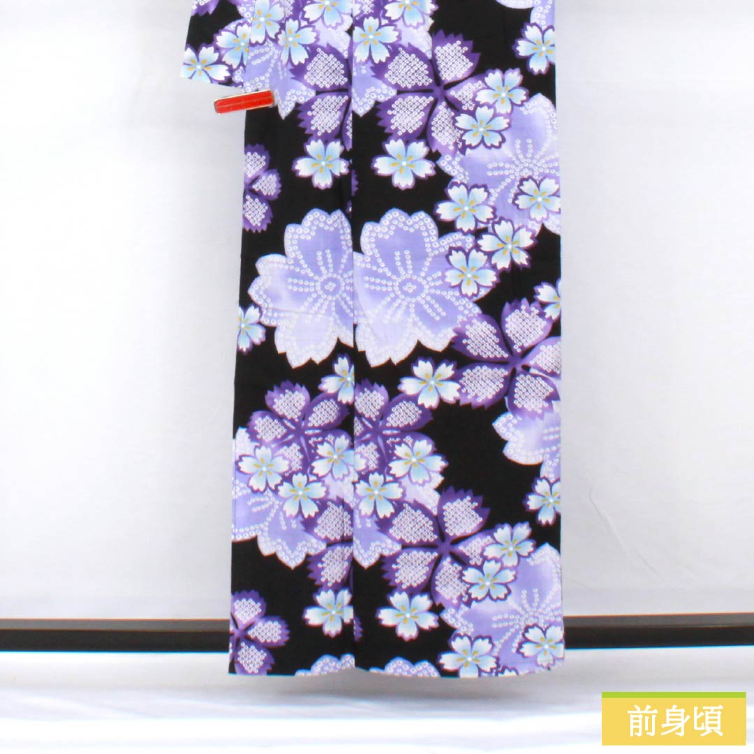 リサイクル着物】浴衣木綿身丈159cm 裄丈66cm Sランク単衣黒系秋桜