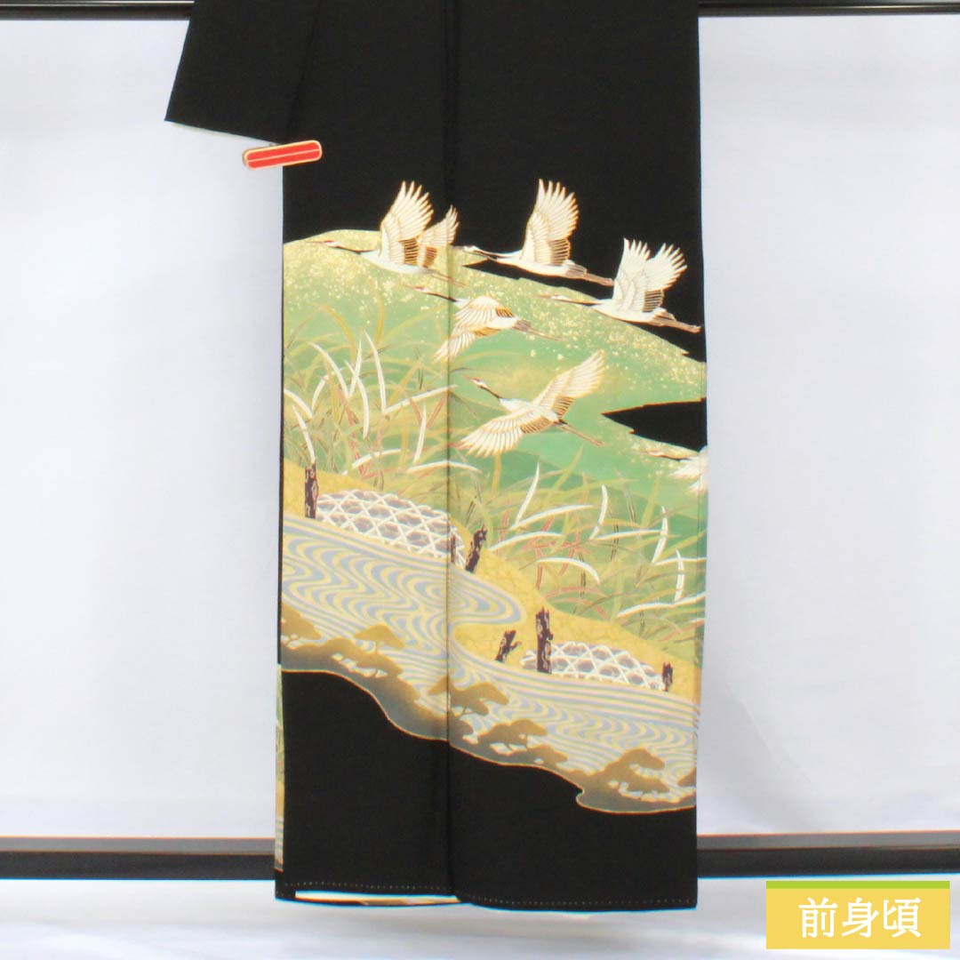 黒留袖 正絹 Bランク 身丈157cm 裄丈64.5cm 袷 五つ紋 五三桐 鶴 松 流水 五つ紋 黒系 1111001914310