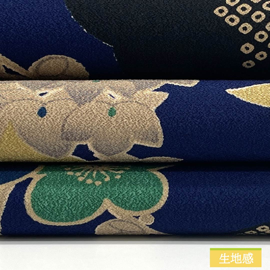 青色と金色の花柄 袋帯 未仕立て】袋帯 振袖用 紺色 ネイビー 青紫色 金色 グラデーション 花