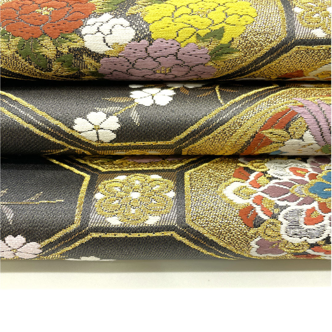 （未仕立）袋帯 全通全景 三十六歌仙文様 千紫萬紅 帯丈454cm 正絹 NEWランク 全通 フォーマル グレー系 1123003581422