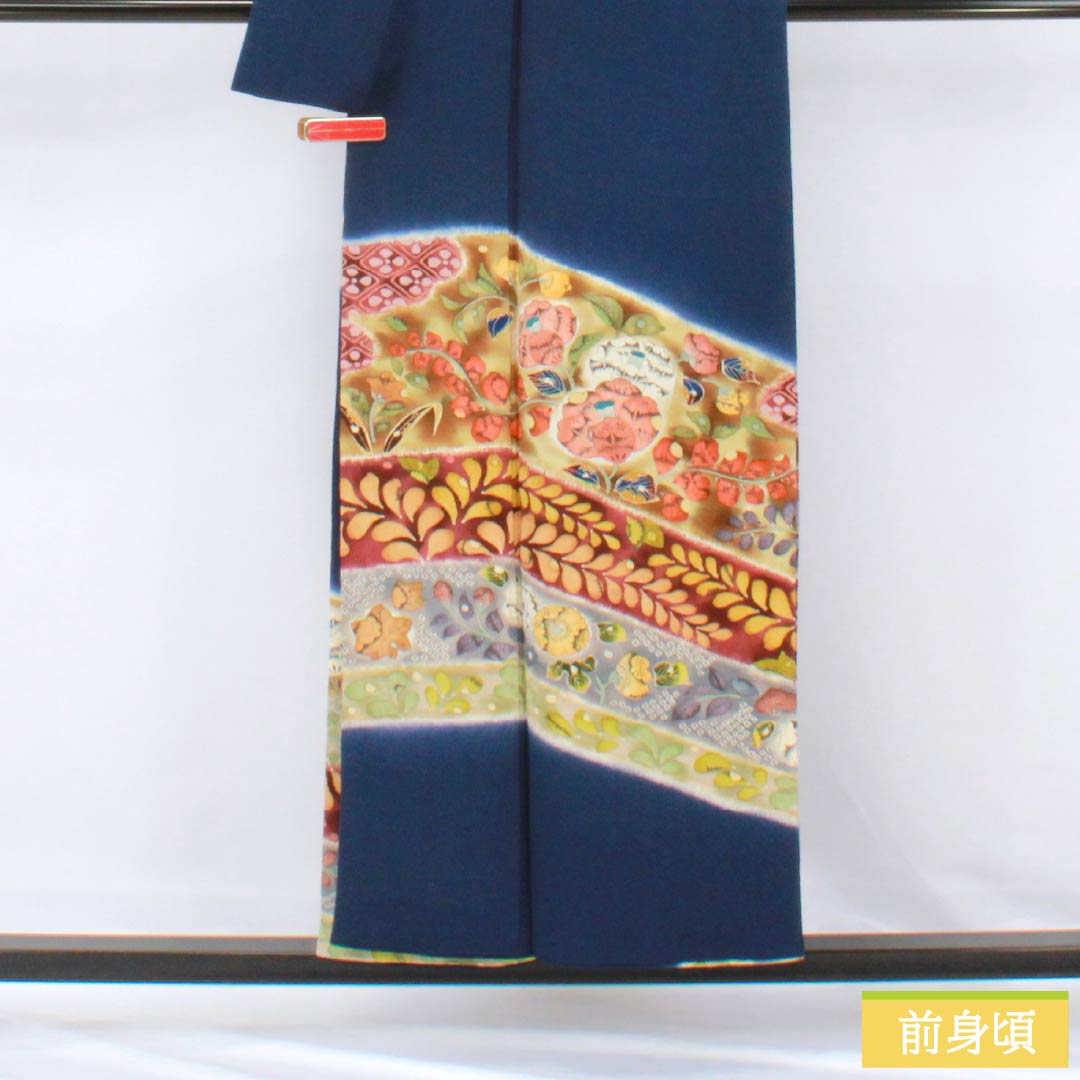 訪問着 正絹 Sランク 袷 身丈155cm 裄丈63cm 紺色（こんいろ） ちりめん地 辻ヶ花 紺系 1112006292318