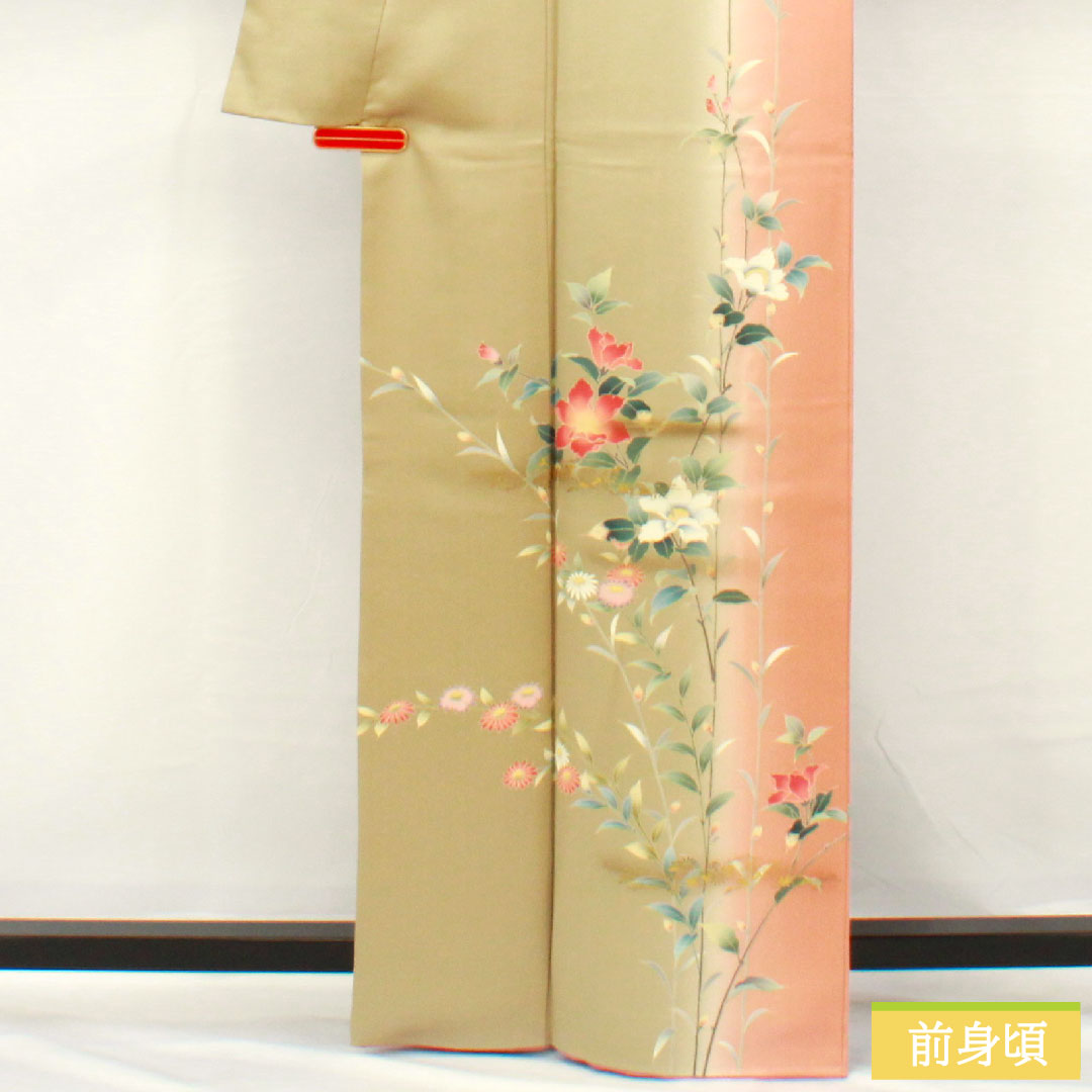 訪問着 正絹 袷 身丈163cm 裄丈68cm 亜麻色（あまいろ） 京友禅 草花模様 Aランク 緑系 1112005963419