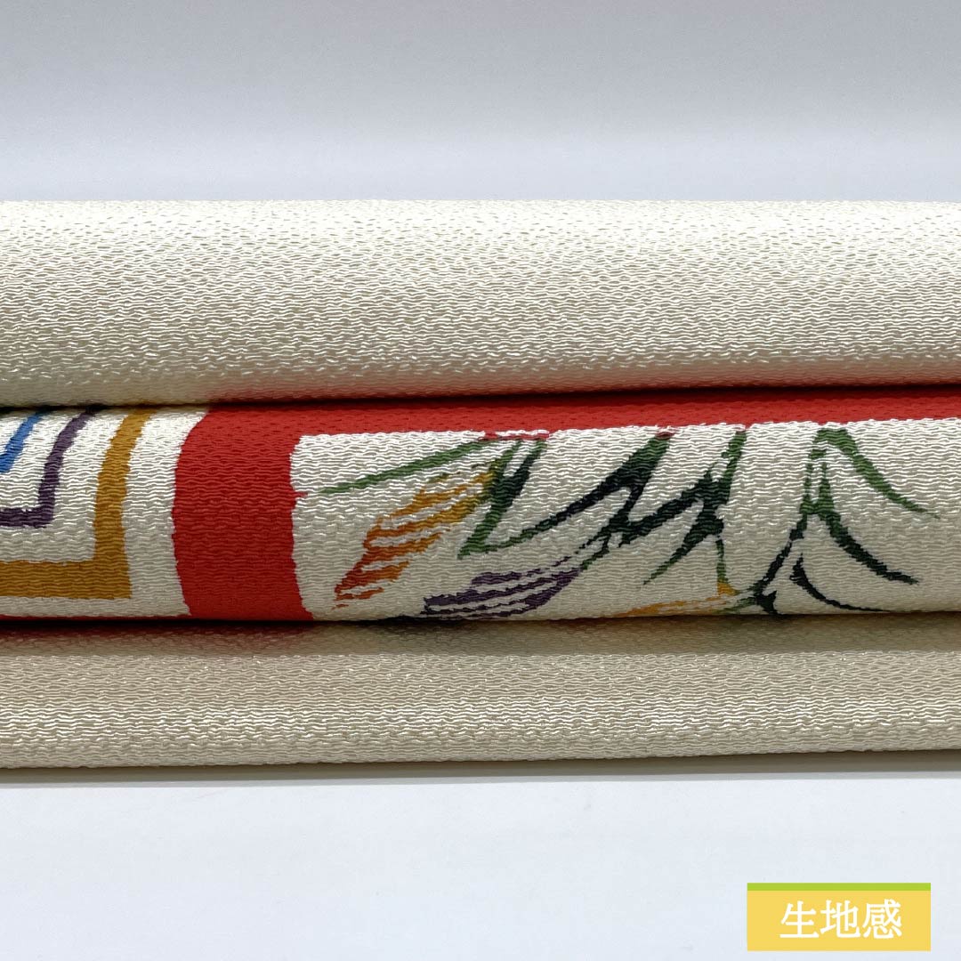 名古屋帯 生成り色（きなりいろ） ちりめん地 型染め すすき 帯丈376cm 正絹 Sランク ポイント柄 カジュアル クリーム系 1124008242315 名古屋仕立て