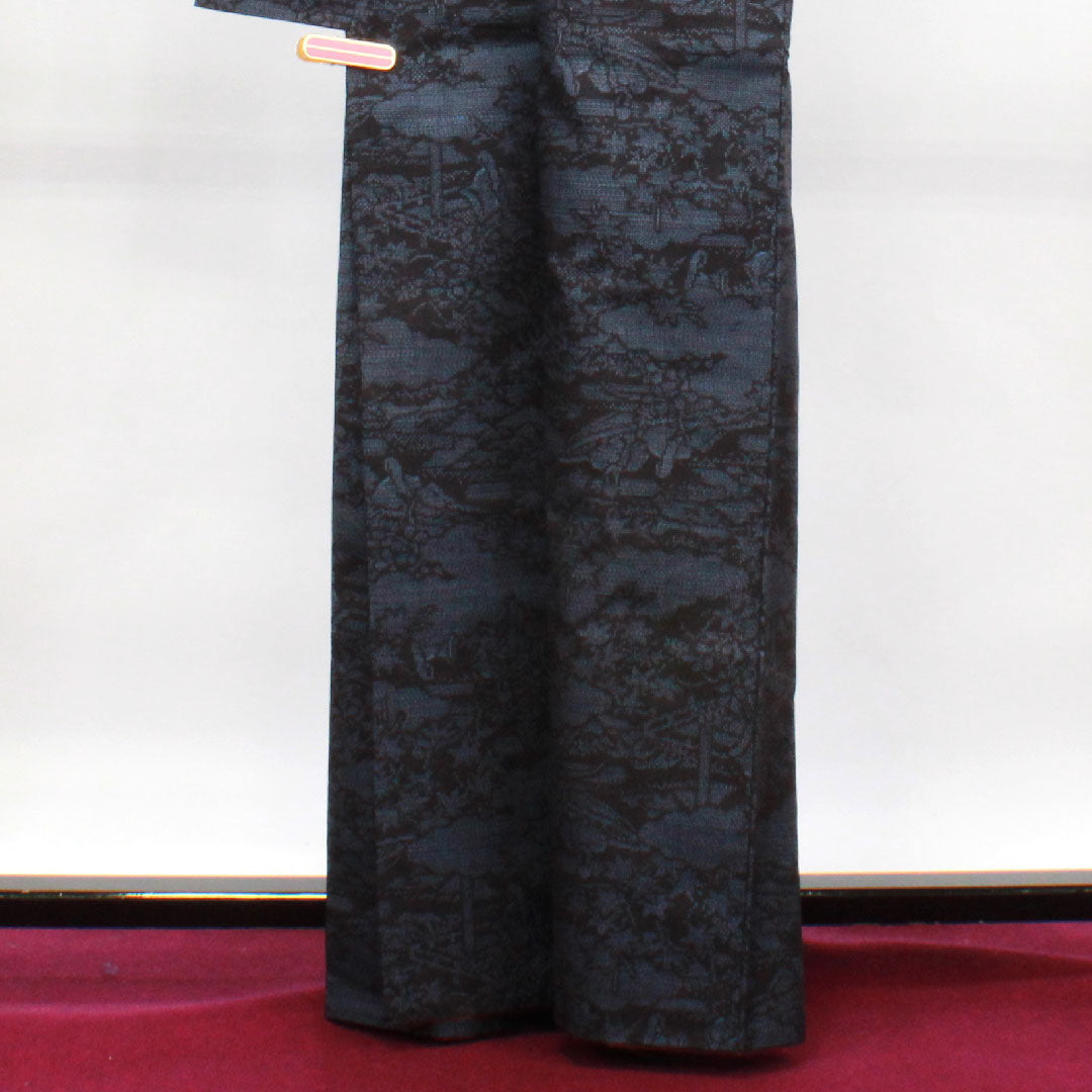 結城紬 身丈164.5cm 裄丈64.5cm 重要無形文化財 本場結城 100亀甲 正絹 Aランク 袷 紺系 1116002853418
