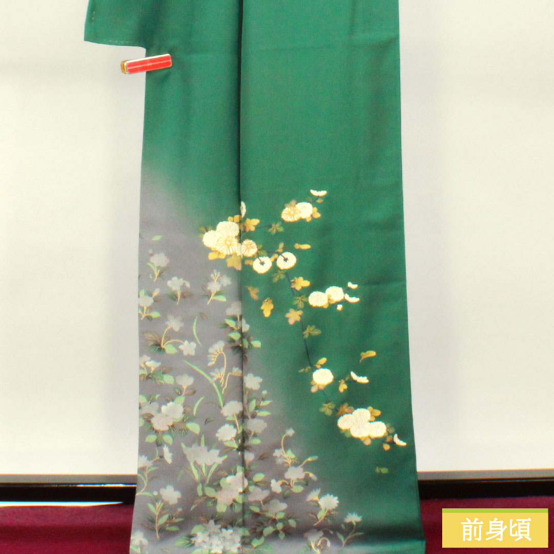 Homongi, pure silk, lined, length 166cm, sleeve length 66cm, Satsuma Nandouiro, Kyo-Yuzen, floral pattern, A rank, green, 1112004243519