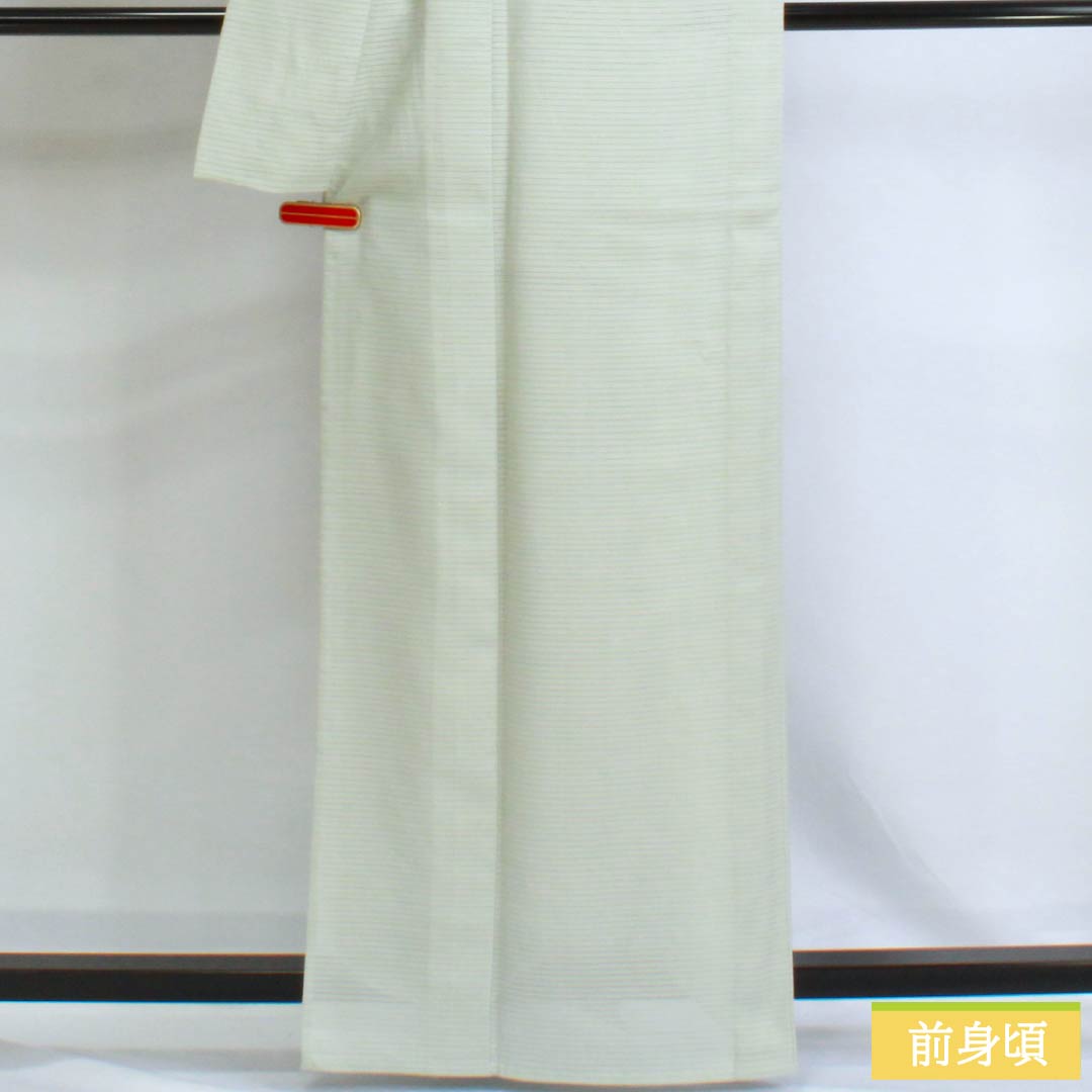 夏物 ポリエステル 色無地 Aランク 身丈163cm 裄丈66cm 青白磁色（せいはくじいろ） 一つ紋 五三桐 洗える着物 絽 緑系 1132002903419