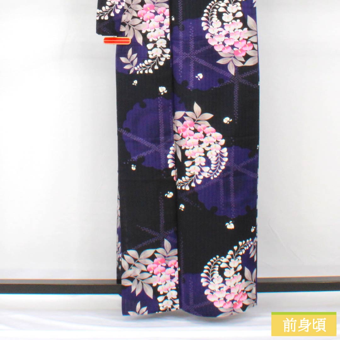 Yukata Cotton Length 161.5cm Sleeve length 66cm S rank Single layer Black Snowflake Wisteria 1118005392410