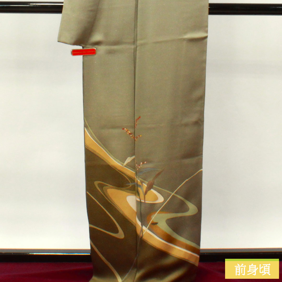 訪問着 正絹 袷 身丈162.5cm 裄丈67cm 砂色 銀通し MIKUMOコレクション 手描き ろうけつ染め 抽象模様 Aランク グレー系 1112003363422