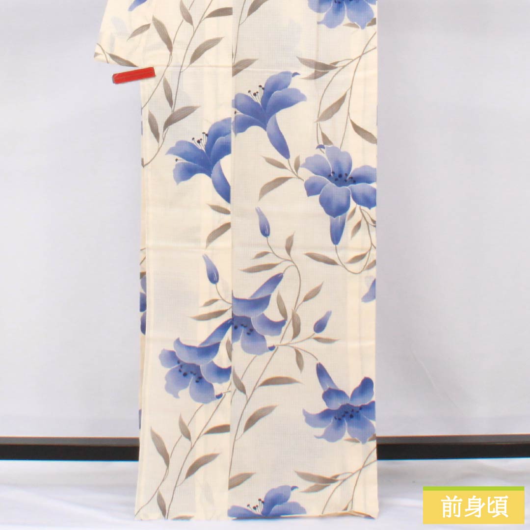 浴衣 木綿 身丈167.5cm 裄丈70cm Aランク 単衣 クリーム系 薄肉色（うすにくいろ） 百合 1118006223515