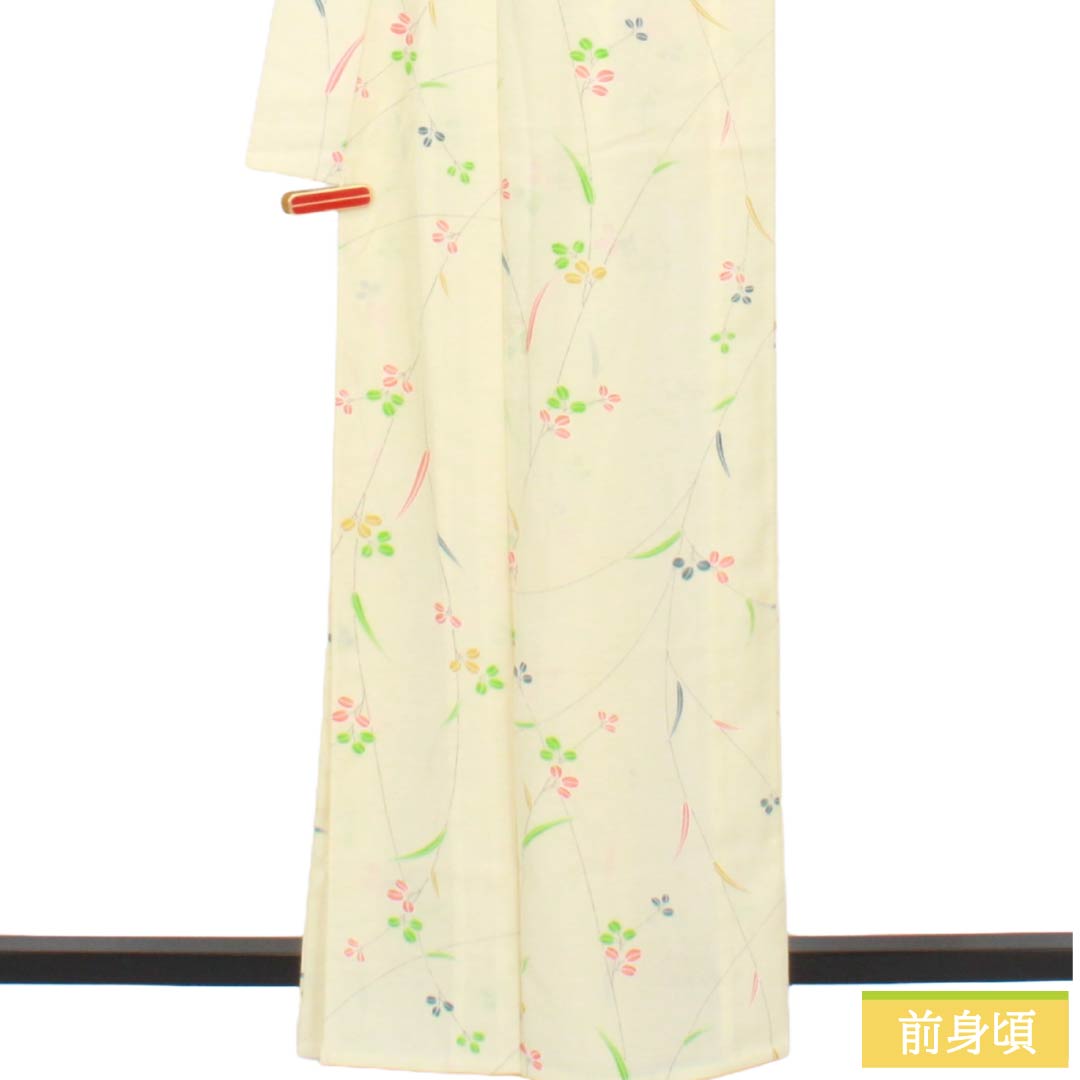 夏物 ポリエステル 小紋 Aランク 身丈163.5cm 裄丈64cm 白百合色（しらゆりいろ） 草花模様 絽 黄系 1132004513423