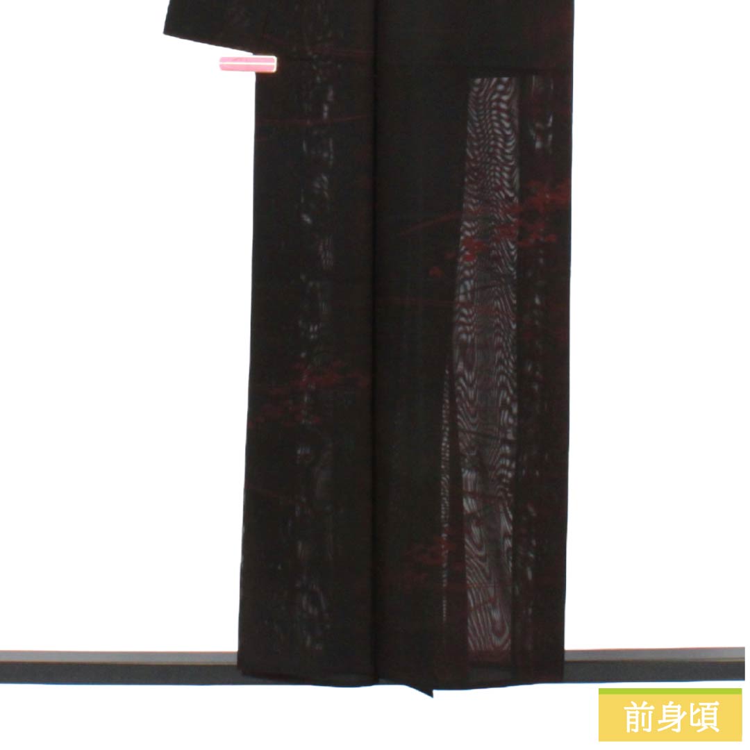 夏物 正絹 お召 Sランク 身丈155cm 裄丈64cm 臙脂墨色（えんじずみいろ） 草花模様 紗 黒系 1132004582312