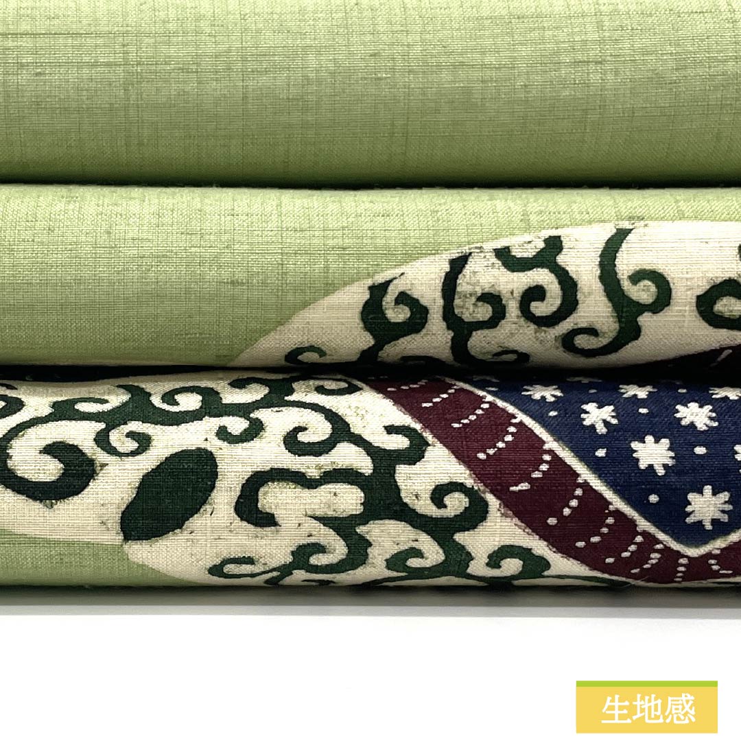 名古屋帯 正絹 Sランク 浅藍色（あさきあいいろ） 型染 抽象花 唐草 帯丈364cm ポイント柄 カジュアル 緑系 1124010422319 名古屋仕立て