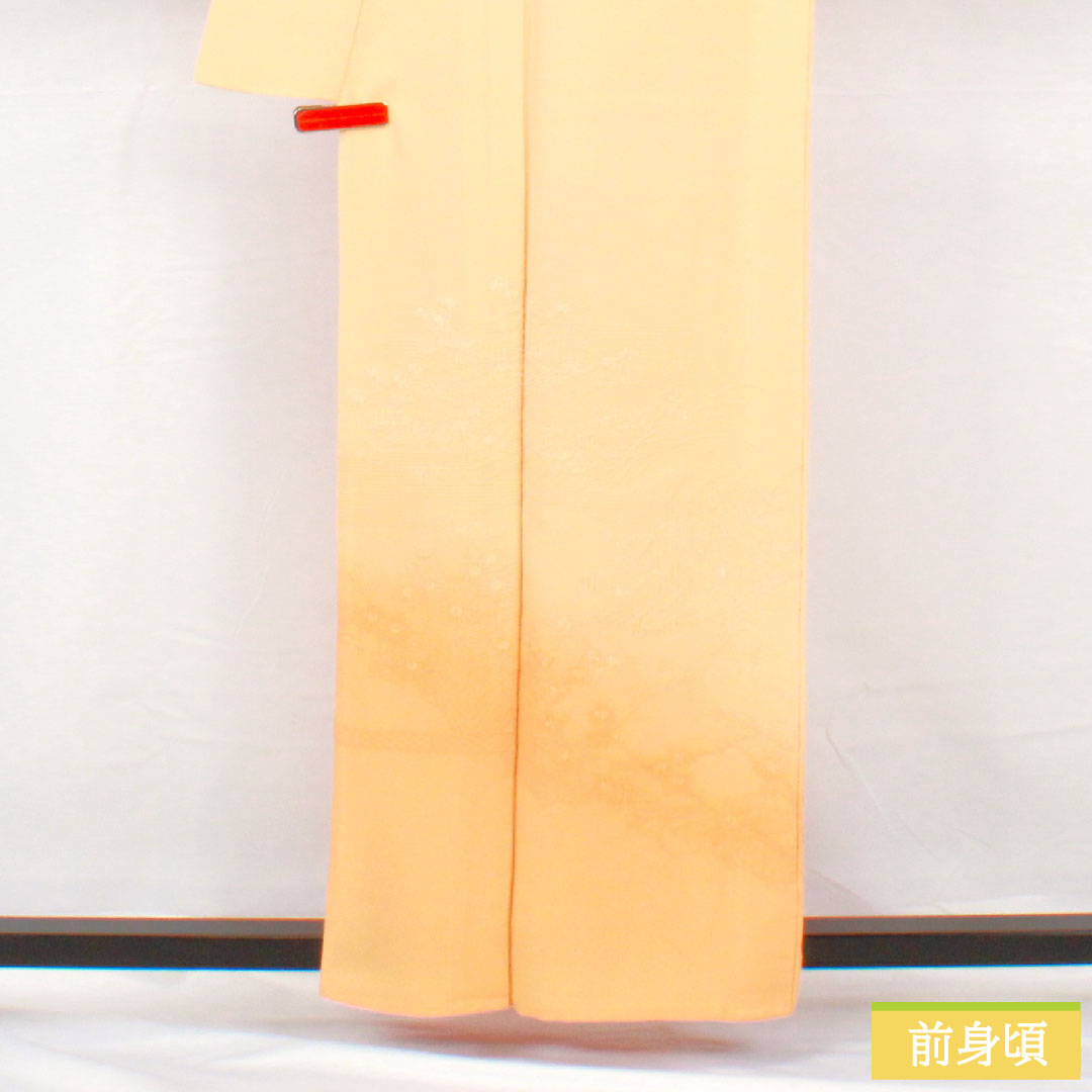 訪問着 正絹 胴抜き 身丈158cm 裄丈66.5cm 薄柑子色（うすこうじいろ） 刺繍 草花模様 一つ紋 揚羽蝶 付下げ Sランク 橙系 1112005602326