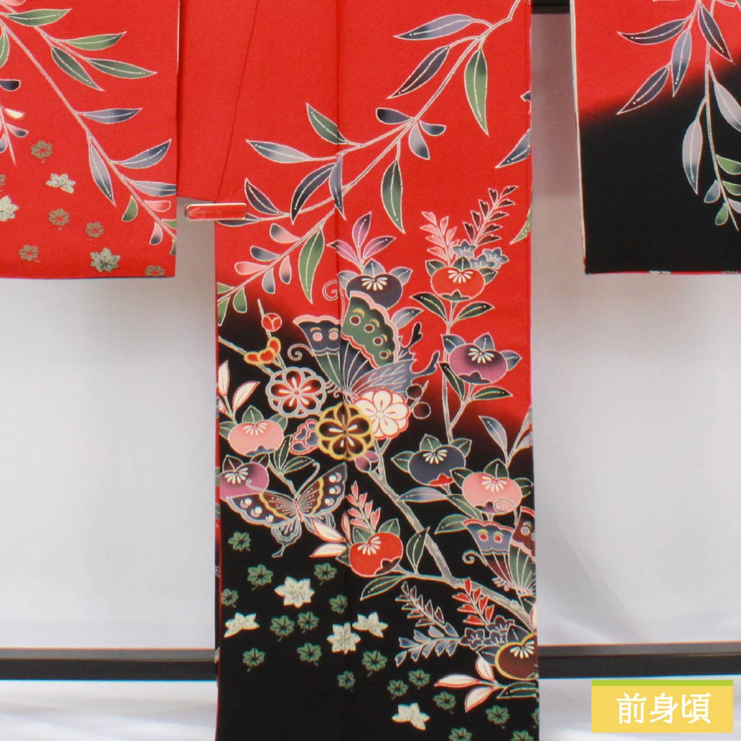 振袖 正絹 Sランク 身丈167cm 裄丈66cm 袷 赤色（あかいろ） 京紅型 吉祥文様 蝶 橘 赤系 1113002322512