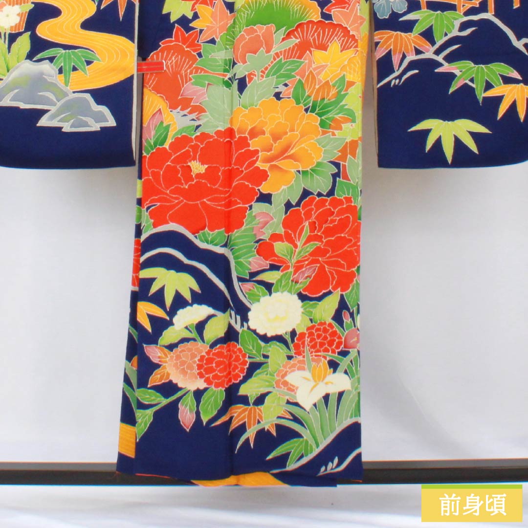 振袖 正絹 Aランク 身丈153cm 裄丈60.5cm 袷 型染 吉祥文様 梅 菊 ちりめん地 重ね衿付き 青系 1113002233217