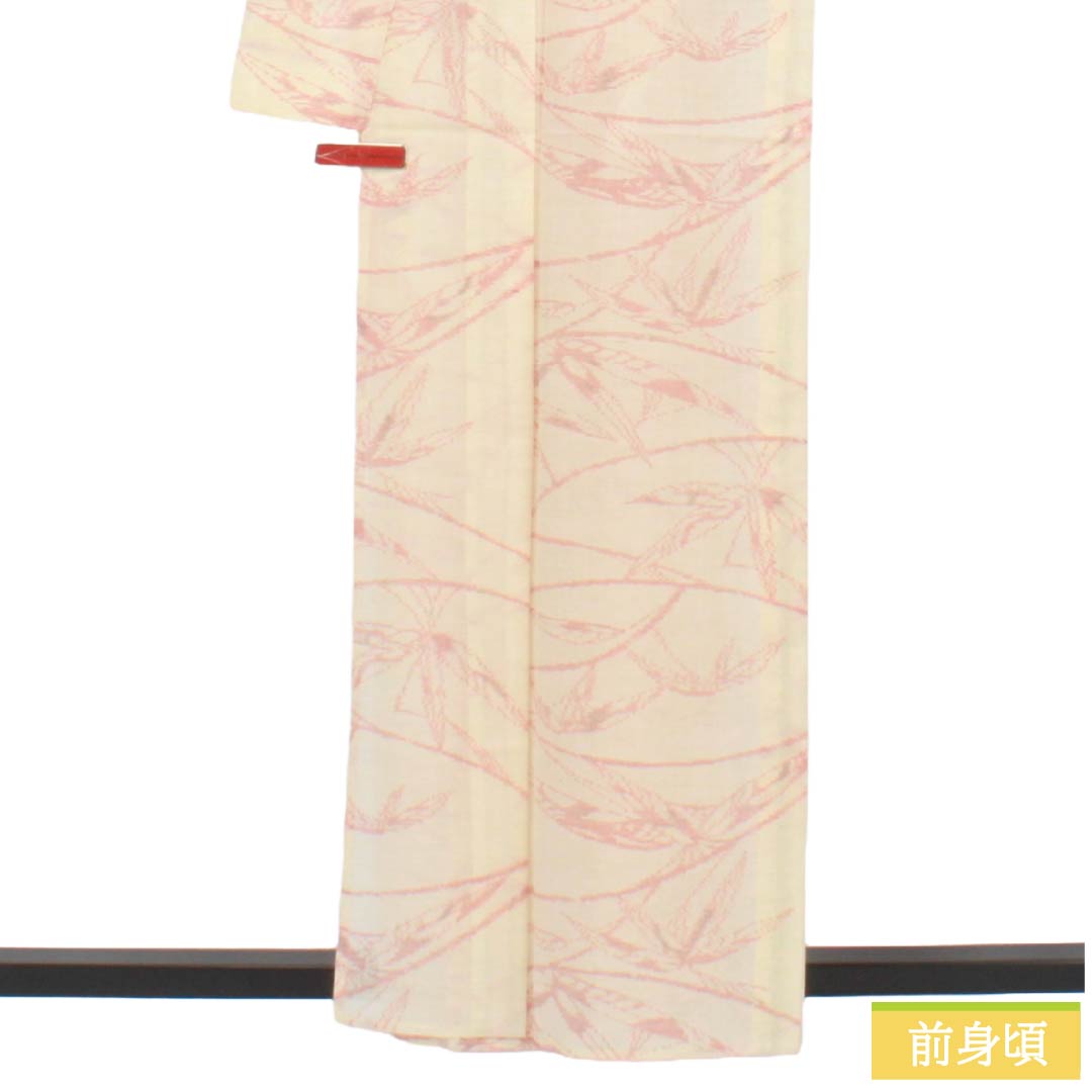夏物 ウール 紬 Aランク 身丈159.5cm 裄丈65.5cm 練色（ねりいろ） サマーウール 草花模様 紗 クリーム系 1132005253315