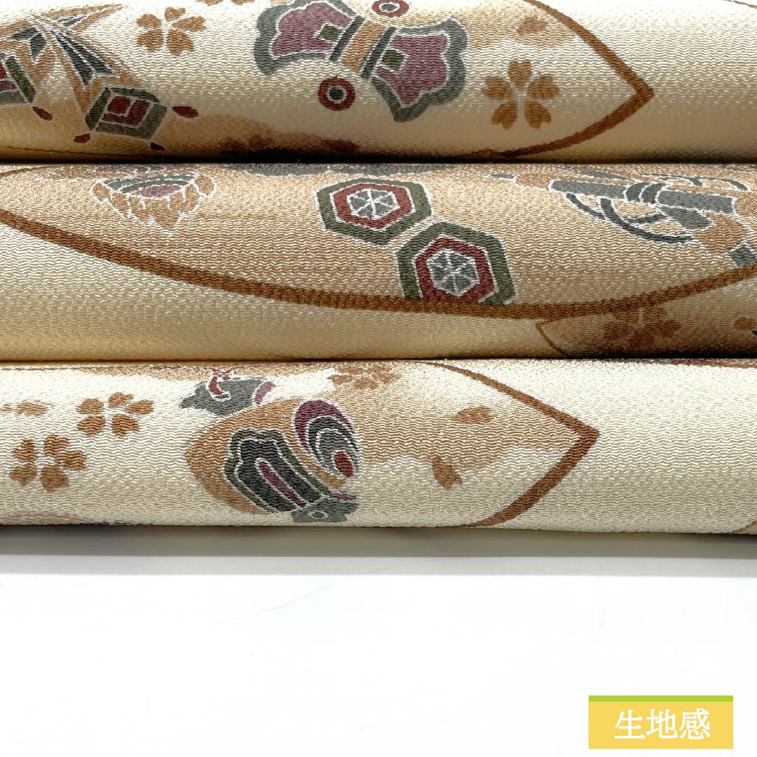 名古屋帯 生成り色（きなりいろ） ちりめん地 染め帯 扇面 帯丈365cm 正絹 Aランク 全通 カジュアル ベージュ系 1124007183325 名古屋仕立て