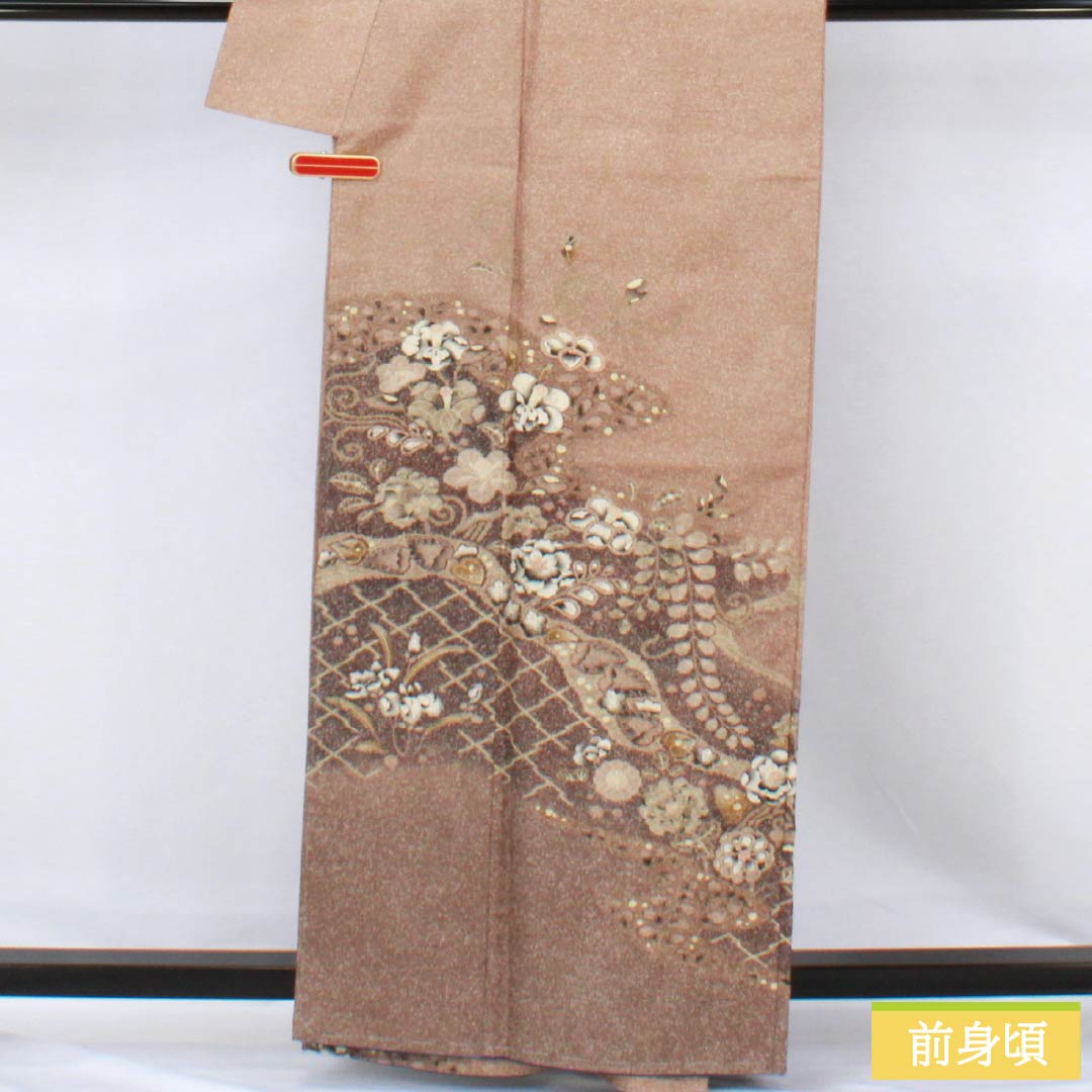 訪問着 正絹 Sランク 袷 身丈162cm 裄丈69cm 松染色（まつぞめいろ） 大島紬 絞り 辻ヶ花 しつけ糸付き 茶系 1112006692414