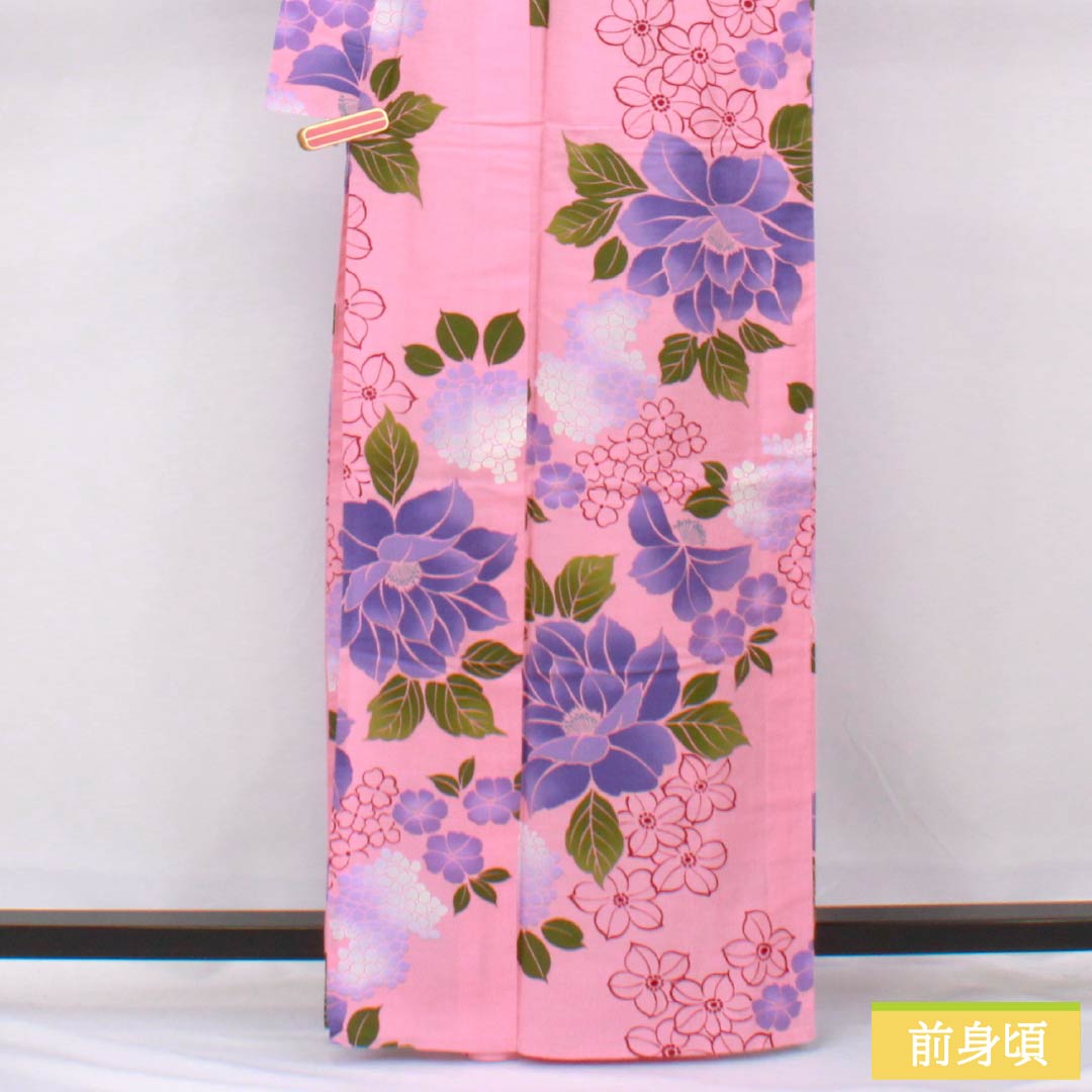 浴衣 木綿 身丈163cm 裄丈65cm Sランク 単衣 ピンク系 中紅花色（なかのくれないいろ） 花 1118006572413