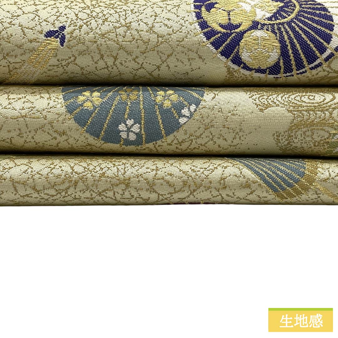 袋帯 正絹 Sランク 牙黄色（げおういろ） 西陣織 和傘 スーパーガード加工 帯丈431cm 六通 セミフォーマル 黄系 1123018392323