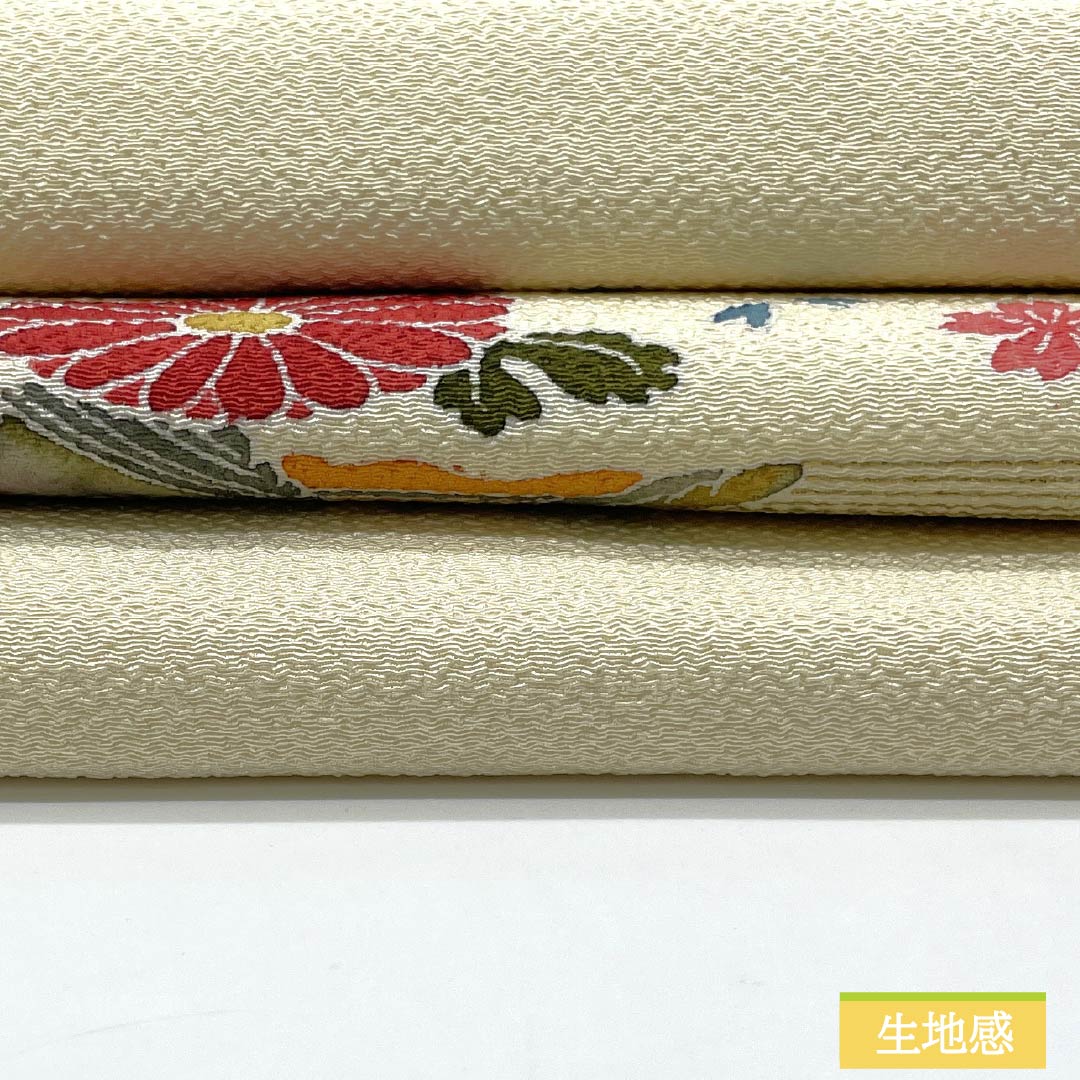 名古屋帯 正絹 乳白色色（にゅうはくしょくいろ） ちりめん地 染め帯 松 帯丈356cm Aランク ポイント柄 セミフォーマル クリーム系 1124007293315 名古屋仕立て