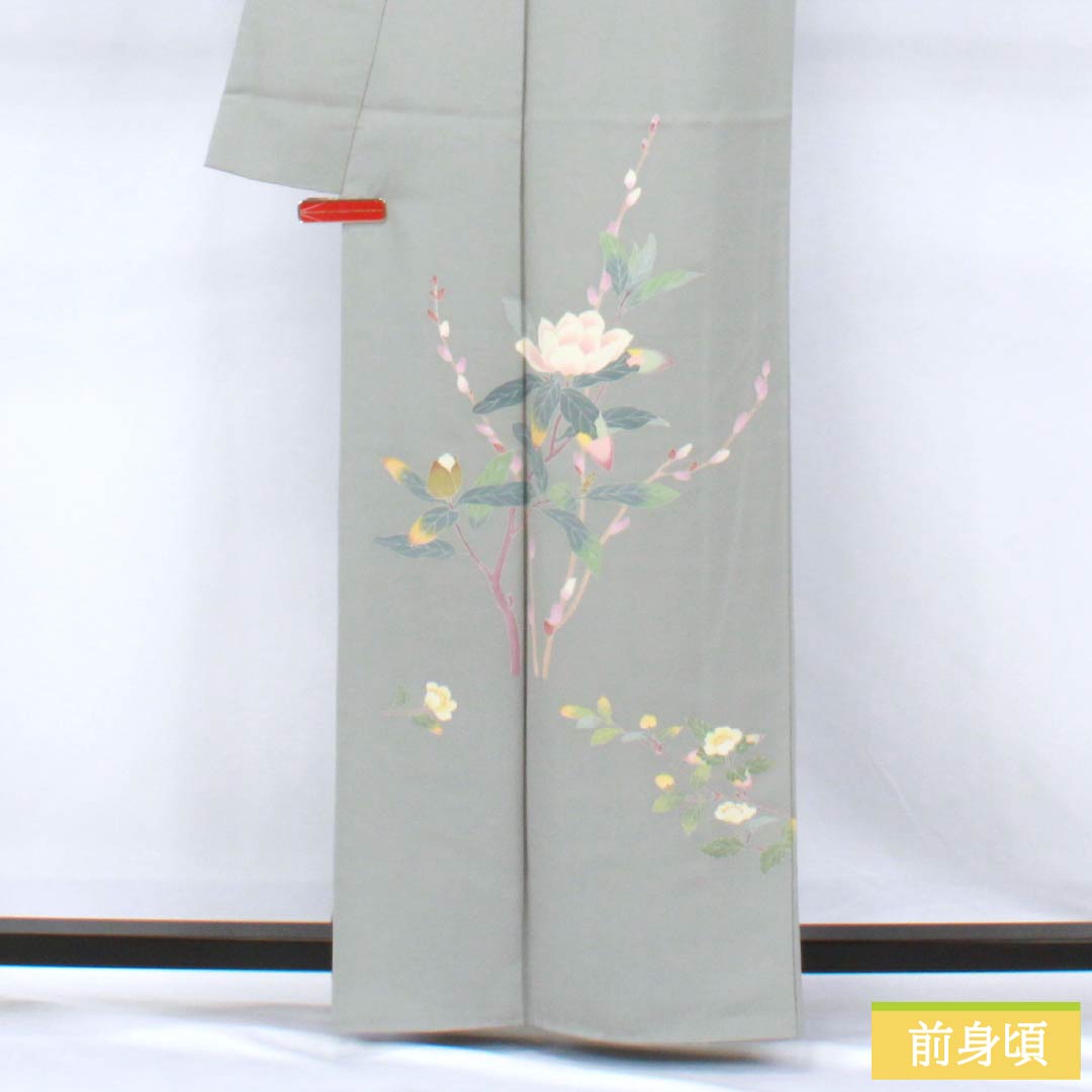Visiting Kimono, Pure Silk, Grade A, Lined, Length 160.5cm, Sleeve Length 63cm, Kaga Yuzen, Floral Design, Artist's Work, Tsukesage, Gray, Product Number: 1112006933422