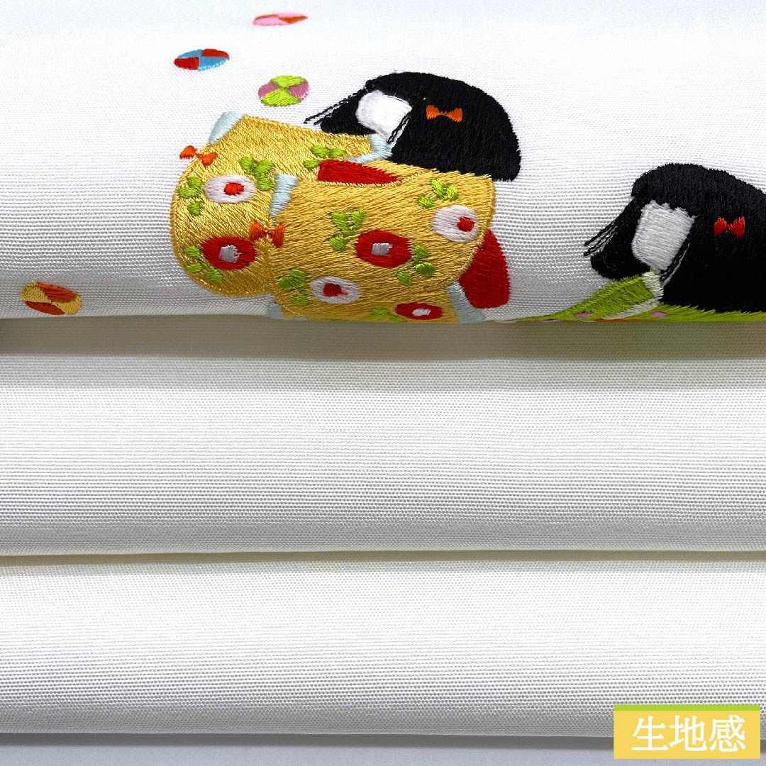 名古屋帯 白色 童子 毬 刺繍 塩瀬 帯丈372cm 正絹 Aランク ポイント柄 カジュアル 白系 1124006003311  名古屋仕立て