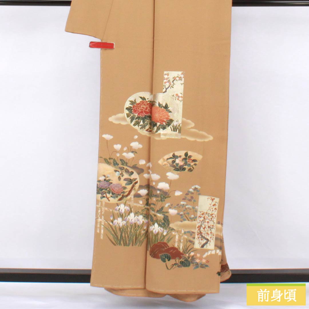 Iro-tomesode (colored formal kimono) made of pure silk, S rank, length 157.5cm, sleeve length 63cm, lined, clove-colored, with one crest, a circle with a hawk feather motif, floral motifs, Scotchgard, and brown accents. Product code: 1111002022314