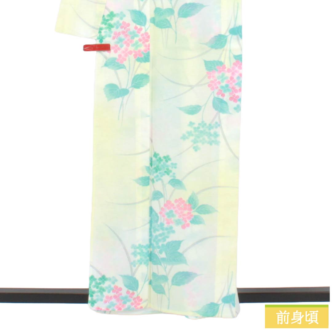 夏物 ポリエステル 小紋 Aランク 身丈159.5cm 裄丈63cm タタキ染 型染 紫陽花 洗える着物 絽 黄系 1132004943323