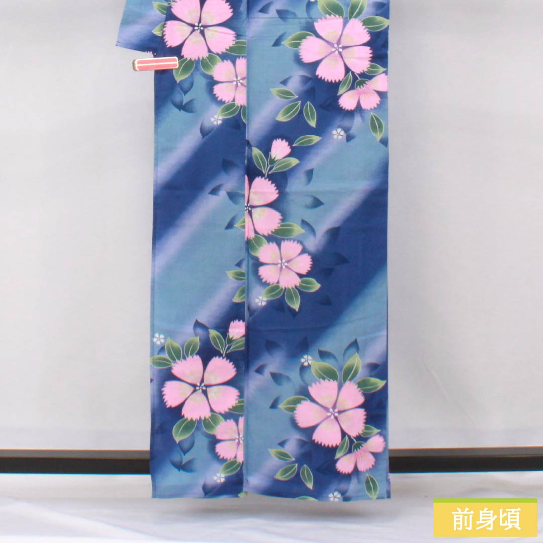 Cotton Yukata, Length 160cm, Sleeve Length 64.5cm, S Rank, Single Layer, Blue, Navy Blue, Forget-me-not Green, Diagonal Stripes, Pink, 1118006232417