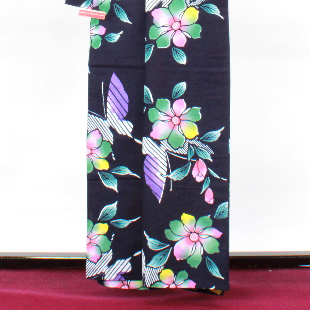 Yukata, dark blue, floral pattern, cotton, S rank, single layer, length 161.5cm, sleeve length 64cm, navy blue, 1118001982418