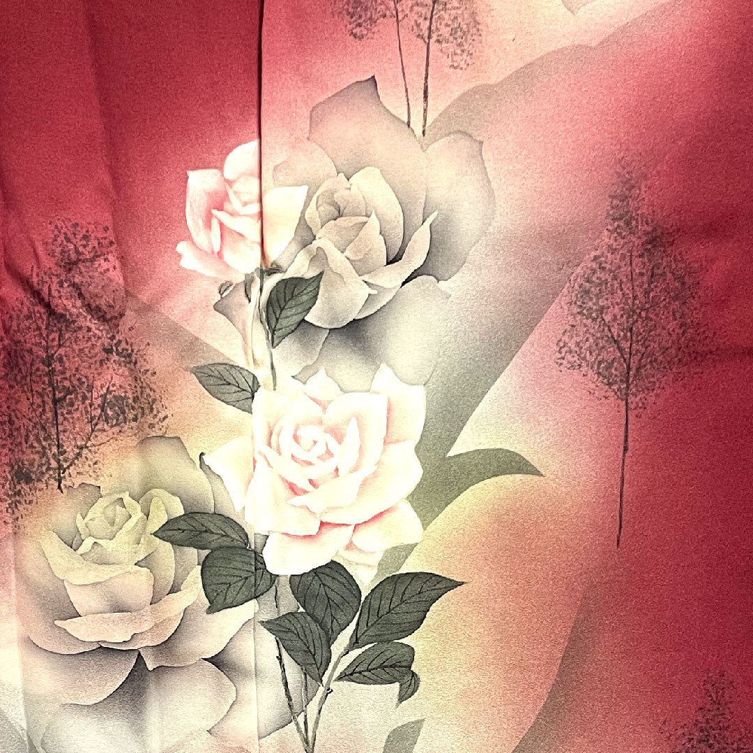 訪問着 袷 身丈170cm 裄丈69cm 葡萄色 手描き友禅 薔薇 正絹 Sランク 紫系 1112001702620