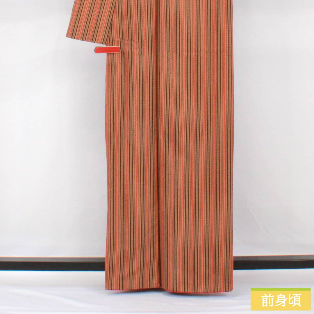 小紋 ポリエステル 身丈162.5cm 裄丈65.5cm 袷 縞 洗える着物 Sランク ベージュ系 1115005502425