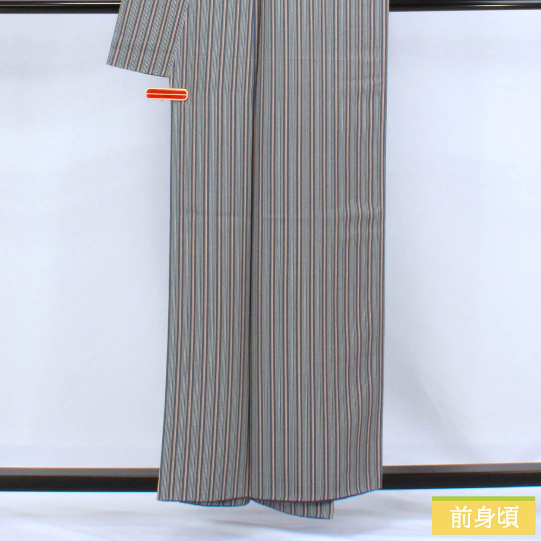 Komon silk S-rank kimono, length 156.5cm, sleeve length 63cm, lined, gosu-iro (blue-green) vertical stripes, blue-based design, product number 1115006642317