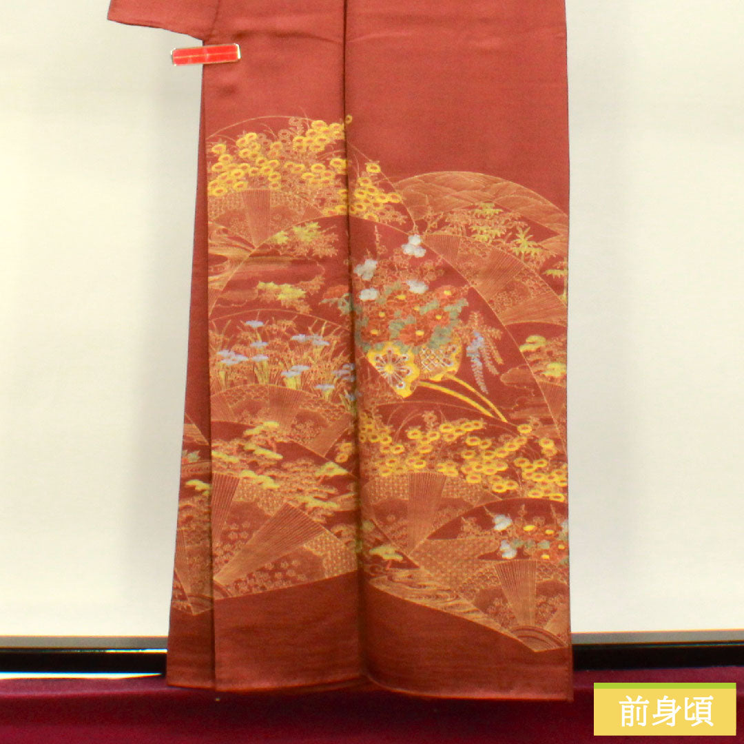 訪問着 正絹 袷 身丈161cm 裄丈63cm 小豆色（あずきいろ） 京友禅 花車 吉祥文様 Sランク 赤系 1112004302412