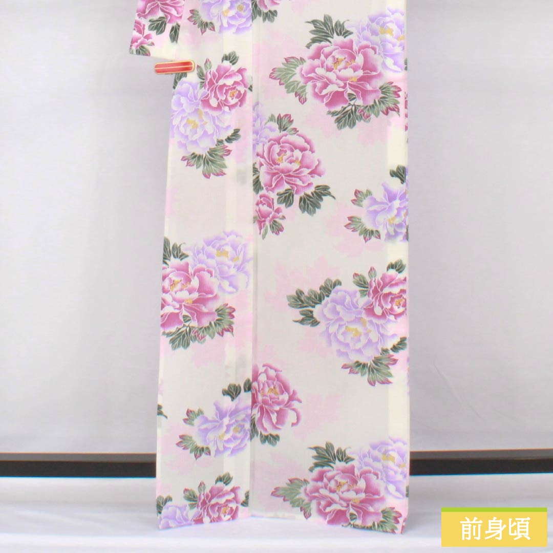 Yukata Polyester Length 166cm Sleeve length 69cm S rank Single layer White Peony Kimono Doraku 1118005352511
